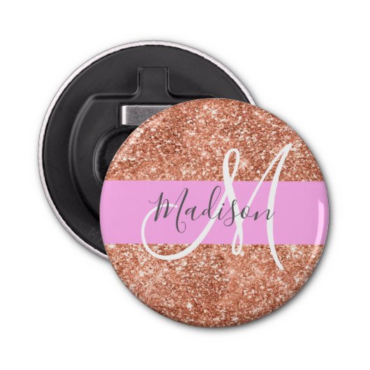 Girly Glam Pink Peach Gold Glitter Monogram Naam Button Flesopener (Voorkant)