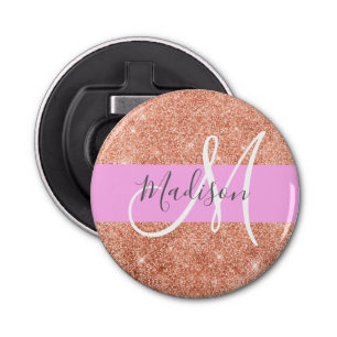 Girly Glam Pink Peach Gold Glitter Monogram Naam Button Flesopener