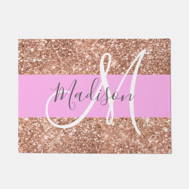 Girly Glam Pink Peach Gold Glitter Monogram Naam Deurmat (Voorkant)