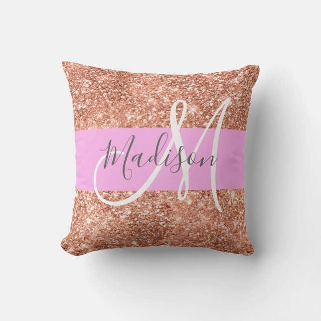 Girly Glam Pink Peach Gold Glitter Monogram Naam Kussen (Voorkant)