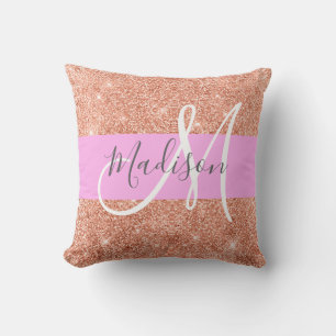 Girly Glam Pink Peach Gold Glitter Monogram Naam Kussen