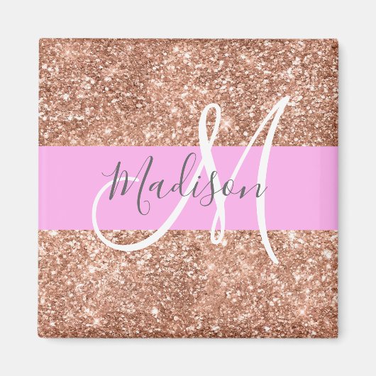Girly Glam Pink Peach Gold Glitter Monogram Naam Magneet (Voorkant)