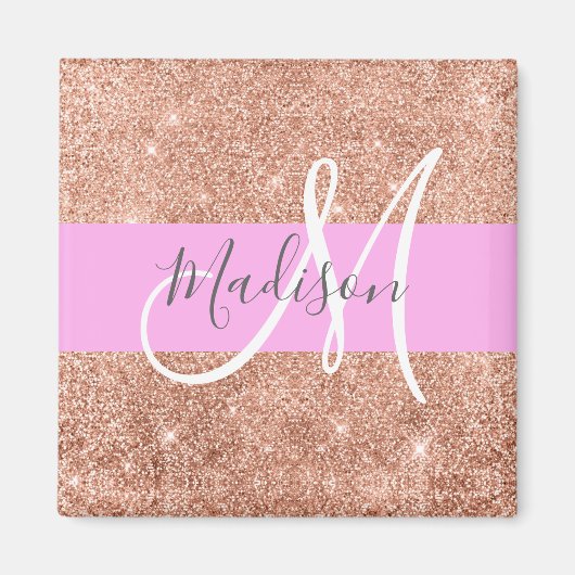 Girly Glam Pink Peach Gold Glitter Monogram Naam Magneet (Voorkant)