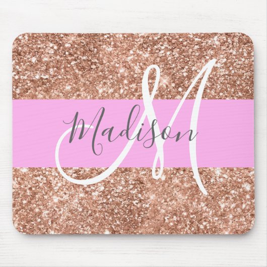 Girly Glam Pink Peach Gold Glitter Monogram Naam Muismat (Voorkant)