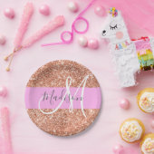 Girly Glam Pink Peach Gold Glitter Monogram Naam Papieren Bordje (Feest)