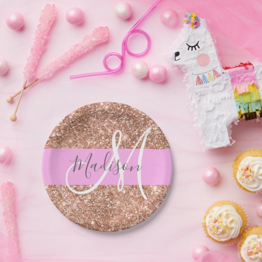 Girly Glam Pink Peach Gold Glitter Monogram Naam Papieren Bordje (Feest)