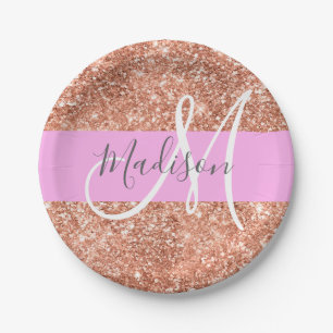 Girly Glam Pink Peach Gold Glitter Monogram Naam Papieren Bordje
