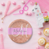 Girly Glam Pink Peach Gold Glitter Monogram Naam Papieren Bordje (Feest)