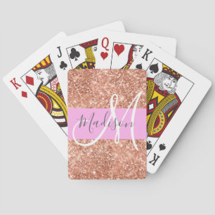 Girly Glam Pink Peach Gold Glitter Monogram Naam Pokerkaarten