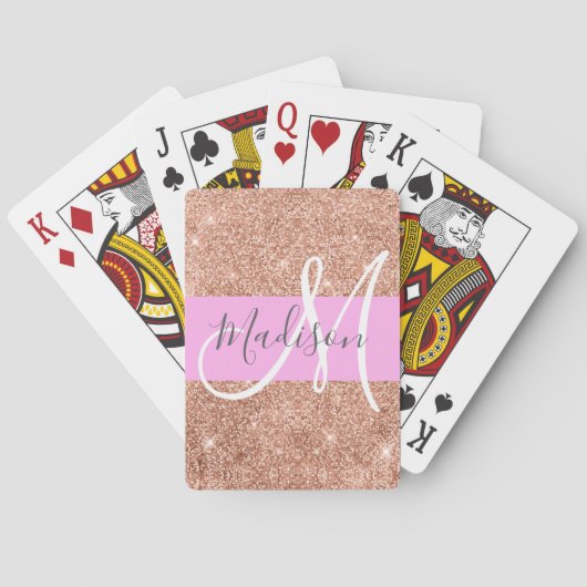 Girly Glam Pink Peach Gold Glitter Monogram Naam Pokerkaarten (Achterkant)