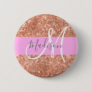 Girly Glam Pink Peach Gold Glitter Monogram Naam Ronde Button 5,7 Cm