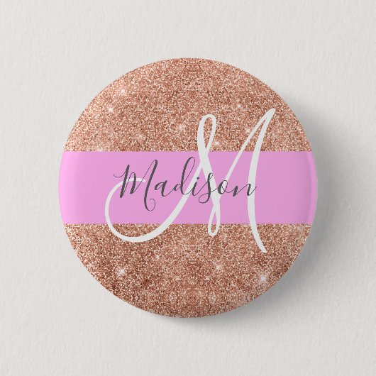 Girly Glam Pink Peach Gold Glitter Monogram Naam Ronde Button 5,7 Cm (Voorkant)