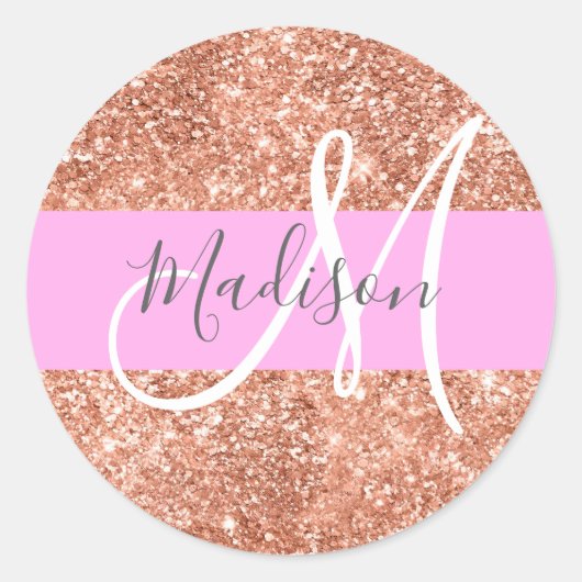Girly Glam Pink Peach Gold Glitter Monogram Naam Ronde Sticker (Voorkant)