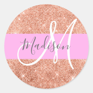 Girly Glam Pink Peach Gold Glitter Monogram Naam Ronde Sticker