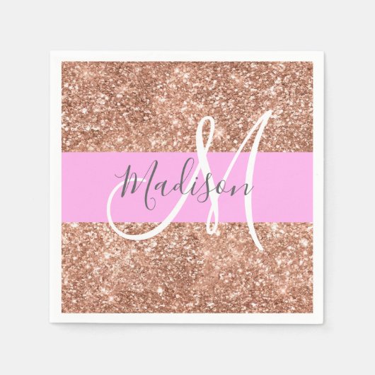 Girly Glam Pink Peach Gold Glitter Monogram Naam Servet (Voorkant)