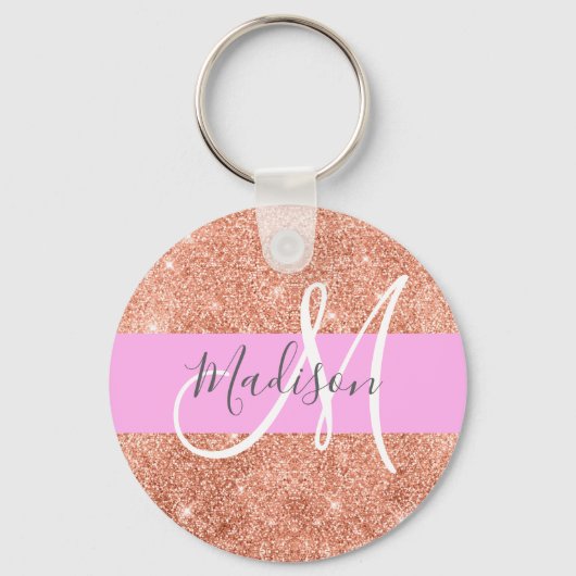 Girly Glam Pink Peach Gold Glitter Monogram Naam Sleutelhanger (Voorkant)