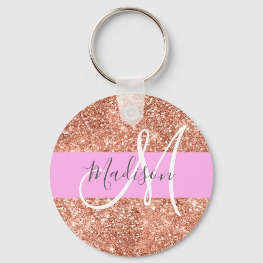 Girly Glam Pink Peach Gold Glitter Monogram Naam Sleutelhanger (Voorkant)