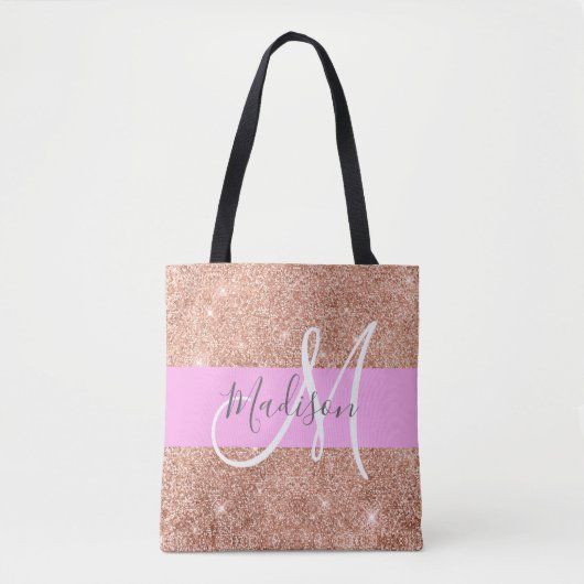 Girly Glam Pink Peach Gold Glitter Monogram Naam Tote Bag (Voorkant)
