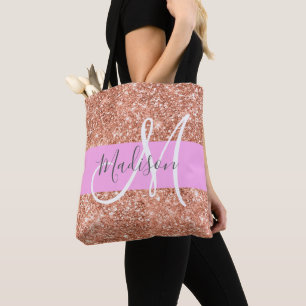 Girly Glam Pink Peach Gold Glitter Monogram Naam Tote Bag