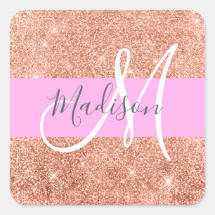 Girly Glam Pink Peach Gold Glitter Monogram Naam Vierkante Sticker