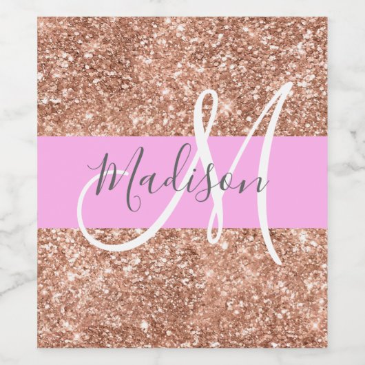 Girly Glam Pink Peach Gold Glitter Monogram Naam Wijn Etiket (Enkel label)