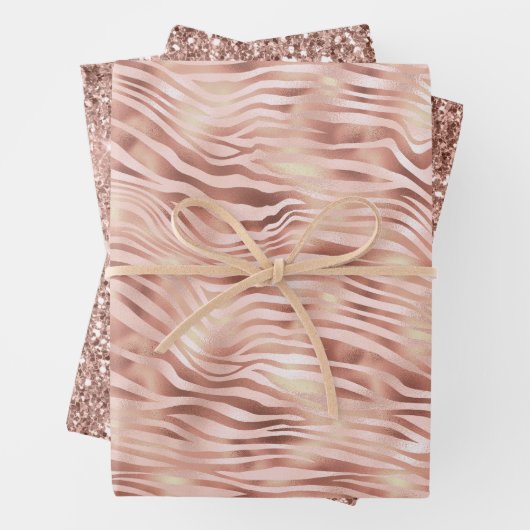 Girly Glam Pink Peach Roos Zebra Print Inpakpapier Vel (In situ)