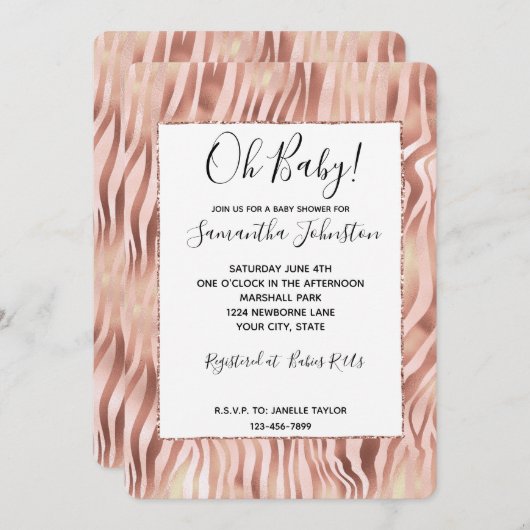 Girly Glam Pink Rose Zebra Baby shower Kaart (Voorkant / Achterkant)