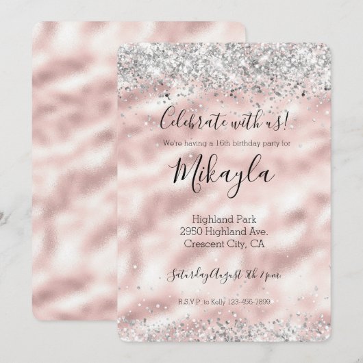 Girly Glam Pink Silver Glitter Sparkle Confetti Kaart (Voorkant / Achterkant)