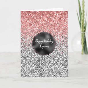 Girly Glam Pink White Leopard Print Glitter Kaart