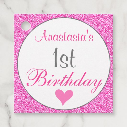 Girly Glam Princess Hot Pink Glitter 1e verjaardag Bedankjes Labels (Voorkant)