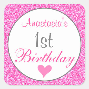 Girly Glam Princess Hot Pink Glitter 1e verjaardag Vierkante Sticker