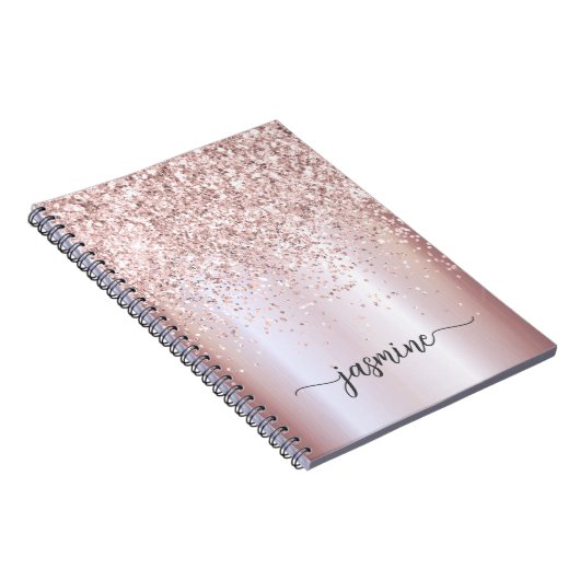 Girly Glam Roos Gold Glitter Monogram Name Script Notitieboek (Rechterzijde)
