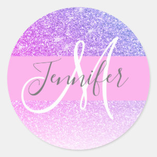 Girly Glam Roze Paarse Glitter Monogram Naam Ronde Sticker