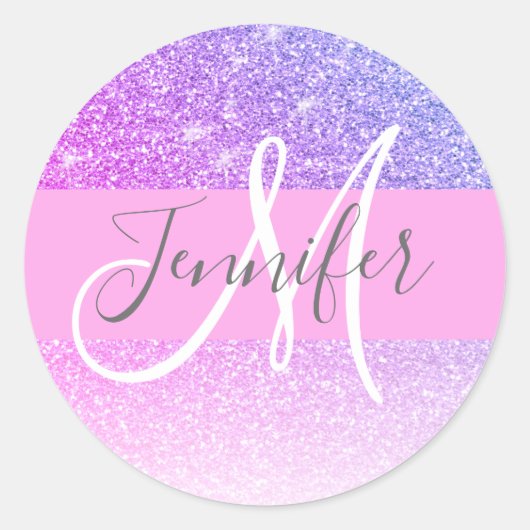 Girly Glam Roze Paarse Glitter Monogram Naam Ronde Sticker (Voorkant)