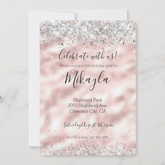 Girly Glam Roze Zilver Glitters Glans Confetti Kaart (Voorkant)