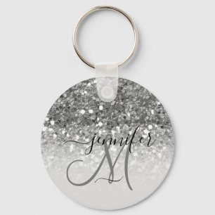 Girly Glam Silver Glitter Luxury Monogram Sleutelhanger