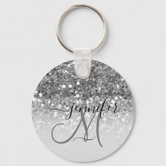 Girly Glam Silver Glitter Luxury Monogram Sleutelhanger (Voorkant)