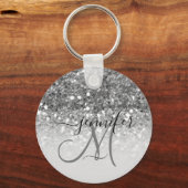 Girly Glam Silver Glitter Luxury Monogram Sleutelhanger (Voorkant)