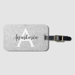 Girly Glam Silver Glitter Sparkles Monogram Bagagelabel