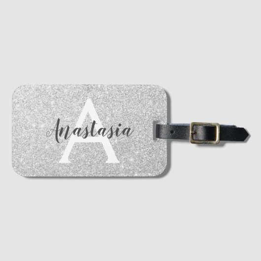 Girly Glam Silver Glitter Sparkles Monogram Bagagelabel (Voorkant (horizontaal))