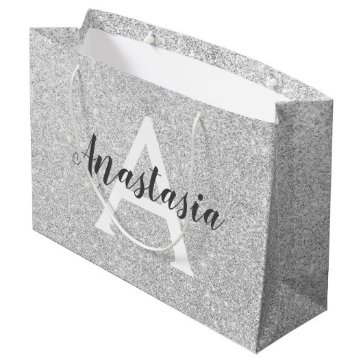 Girly Glam Silver Glitter Sparkles Monogram Groot Cadeauzakje (Achterkant Gekanteld)