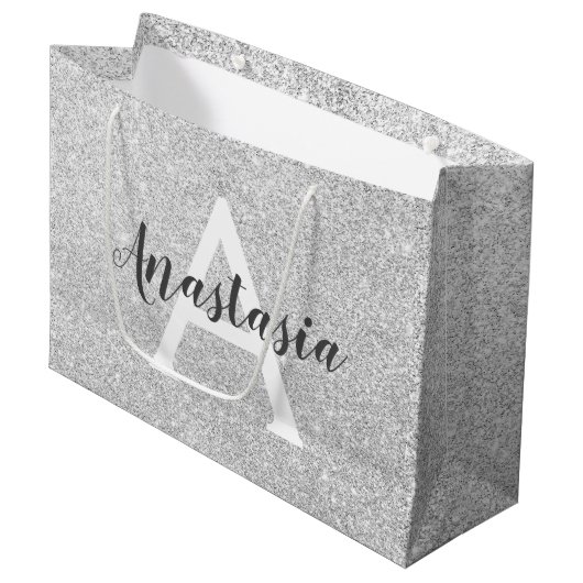 Girly Glam Silver Glitter Sparkles Monogram Groot Cadeauzakje (Voorkant Gekanteld)