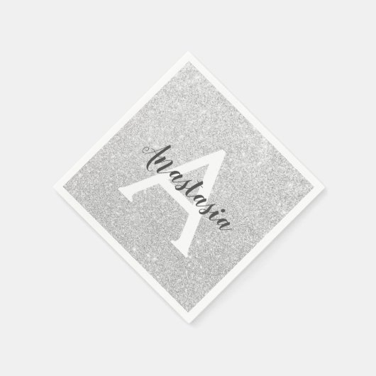 Girly Glam Silver Glitter Sparkles Monogram Servet (Hoek)