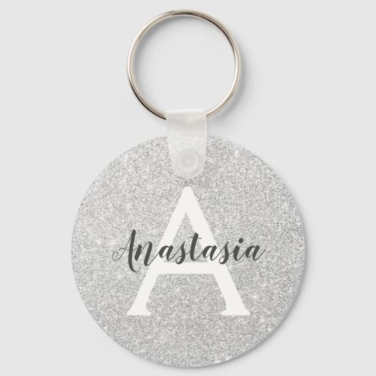 Girly Glam Silver Glitter Sparkles Monogram Sleutelhanger (Voorkant)
