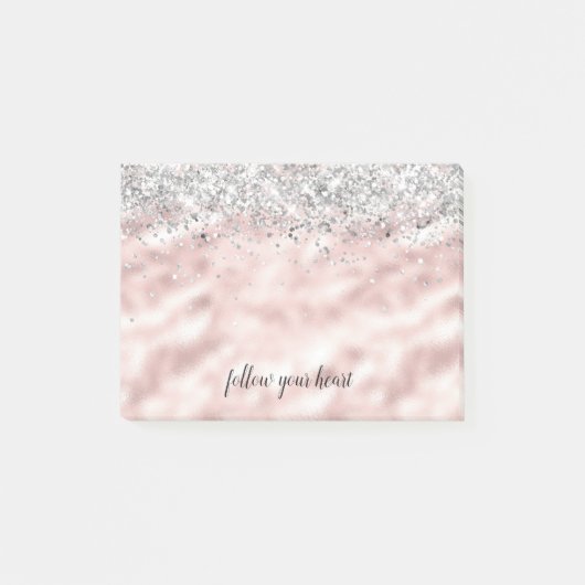 Girly Glam Silver Pink Heart, gepersonaliseerd Post-it® Notes (Voorkant)