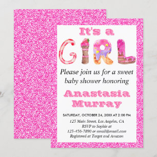 Girly Glam Sweet Hot Pink Glitter Girl Baby shower Kaart