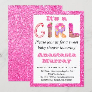 Girly Glam Sweet Hot Pink Glitter Girl Baby shower Kaart