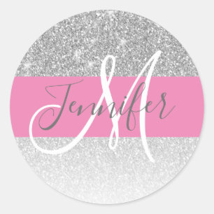 Girly Glam Zilver Glitter Roze Monogram Naam Ronde Sticker
