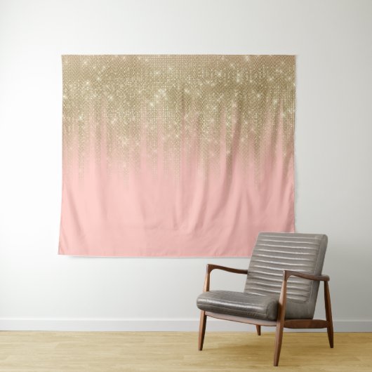 Girly Glamorous Pink Gold Glitter Gestreepte Gradi Wandkleed (In Situ (horizontaal))