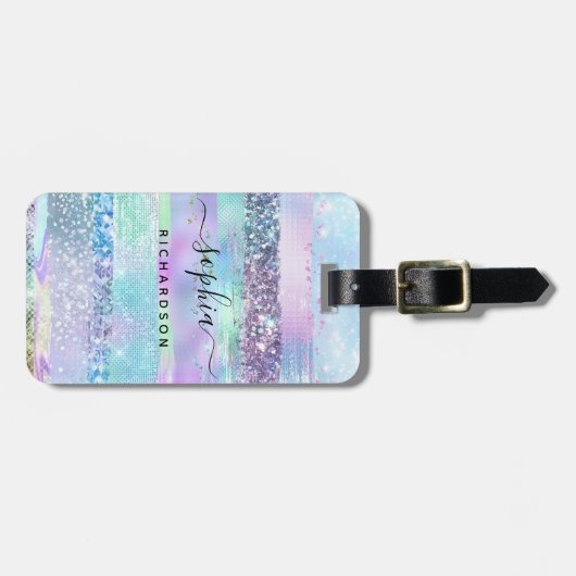 Girly Glitter Faux Holographic | Roze blauw Paars Bagagelabel (Voorkant horizontaal)